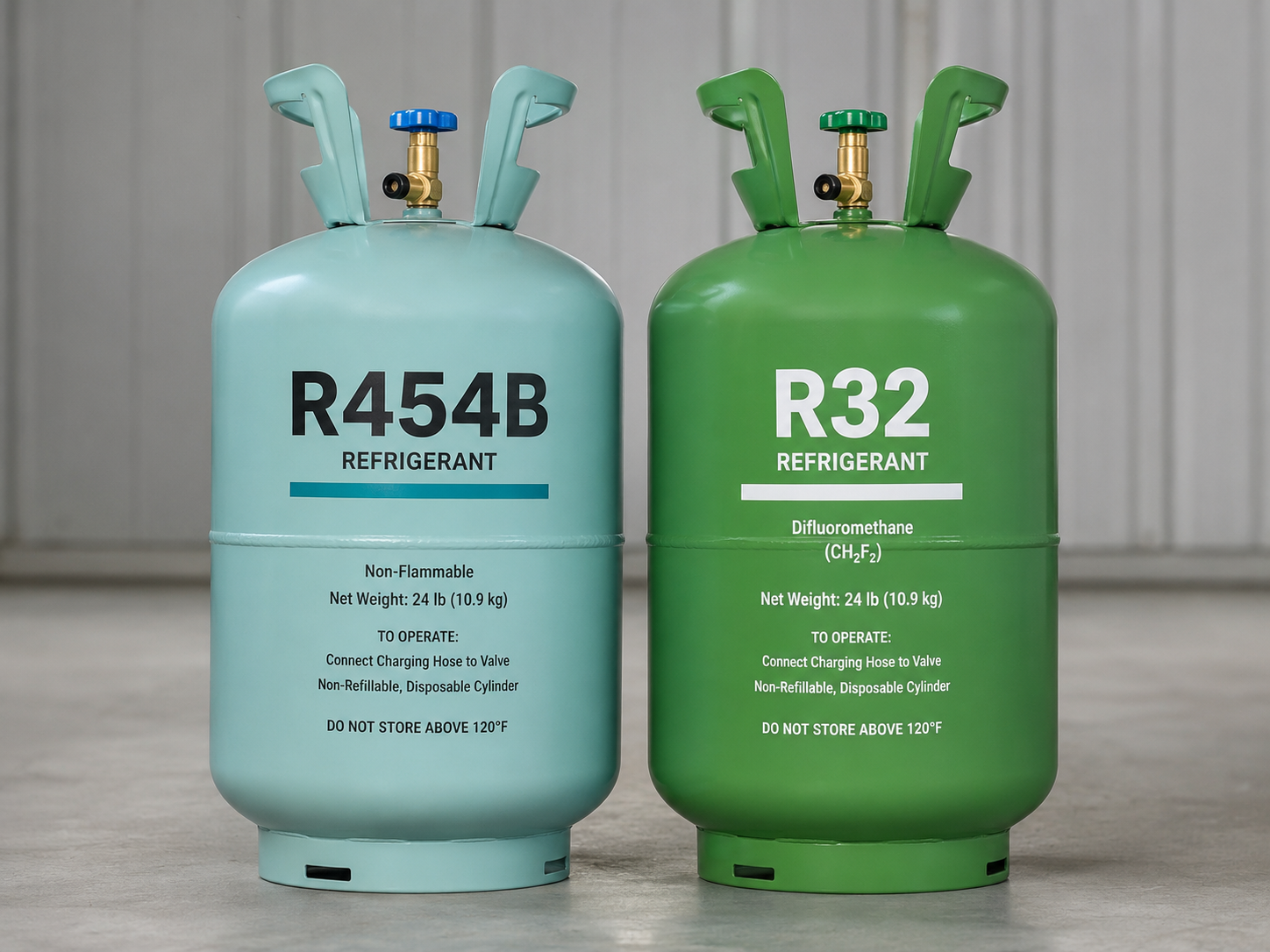 R454B and R32 refrigerant cylinders side by side comparison for HVAC systems