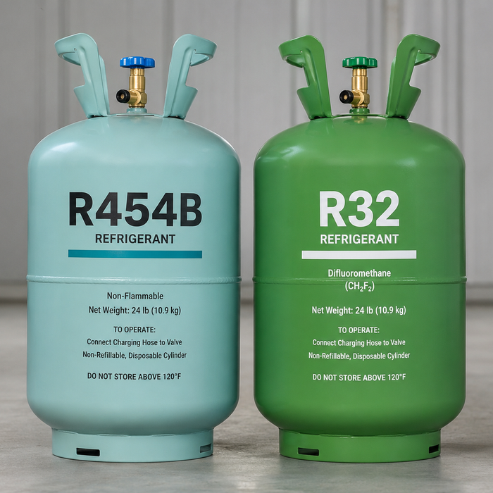 R454B and R32 refrigerant cylinders side by side comparison for HVAC systems