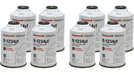 Eight cans of Honeywell R-1234yf Solstice® refrigerant for mobile A/C systems, arranged in two rows.