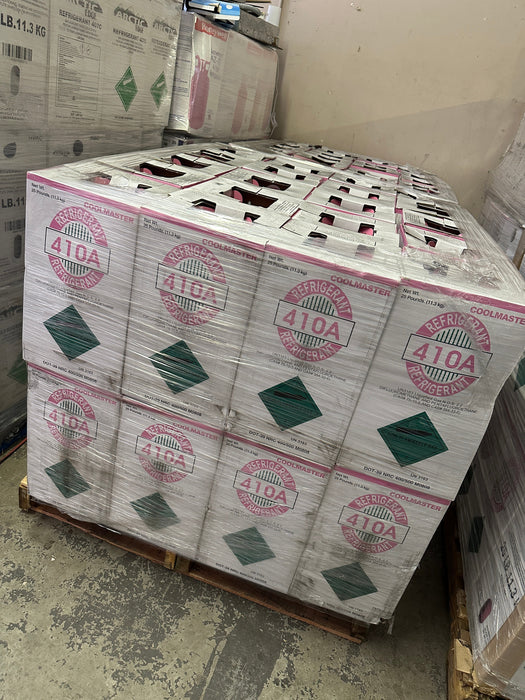Wrapped pallet of R-410A refrigerant cylinders stored in a warehouse environment
