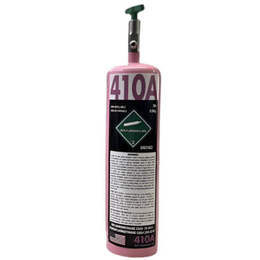 Pink 1.5 lb R-410A refrigerant cylinder with self-sealing 1/4″ SAE valve, factory sealed and 100% virgin, ideal for homeowners replacing R-22 in high-pressure AC systems, includes free same-day shipping in the continental US.