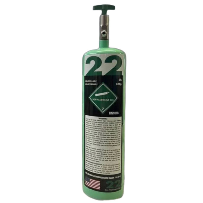 Small green R-22 refrigerant cylinder, factory sealed and non-flammable, ideal for homeowners needing 2.2 lb of virgin R22 for air conditioning systems, with free same-day shipping if ordered before 2pm CST.