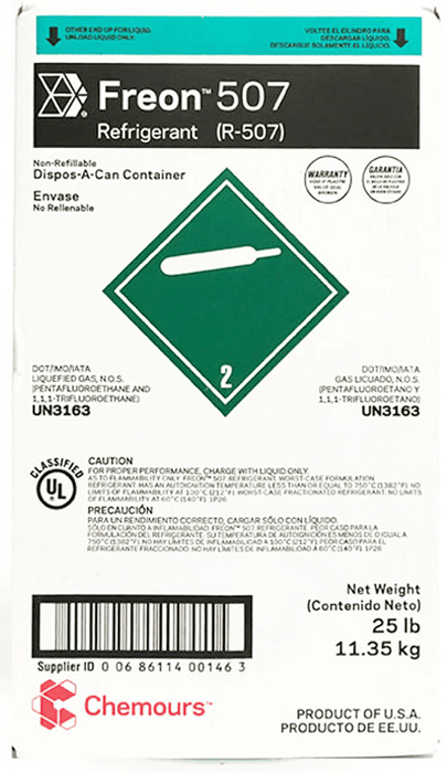 Official box of Freon 507 refrigerant with green gas cylinder label, marked as UN3163 non-flammable gas for commercial HVAC systems.