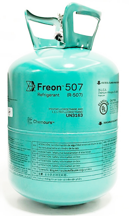 Green disposable tank of Freon 507 refrigerant by Chemours, HFC blend for medium and low temperature refrigeration applications.