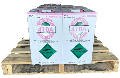 Close-up view of a half pallet with Coolmaster 410A refrigerant boxes, each labeled as non-flammable gas and weighing 25 pounds.