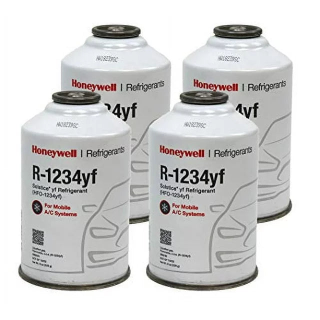 Four cans of Honeywell R-1234yf Solstice refrigerant for automotive A/C systems, labeled for mobile use and packaged in a single box.