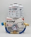 Three 8 oz cans of Honeywell R-1234yf refrigerant with mobile A/C labeling, displayed with a universal A/C recharge hose and pressure gauge on a product box.