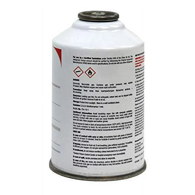 Side view of Honeywell R-1234yf refrigerant can with flammable gas warning symbols and product hazard details.