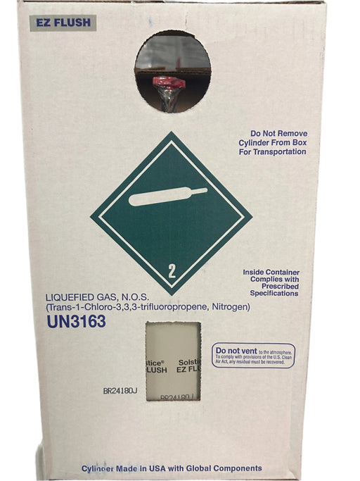 Rear view of Honeywell Solstice® EZ Flush box showing gas classification label UN3163 for liquefied gas, safety warnings, and compliance notes; includes handling instructions and a visible cylinder valve inside.
