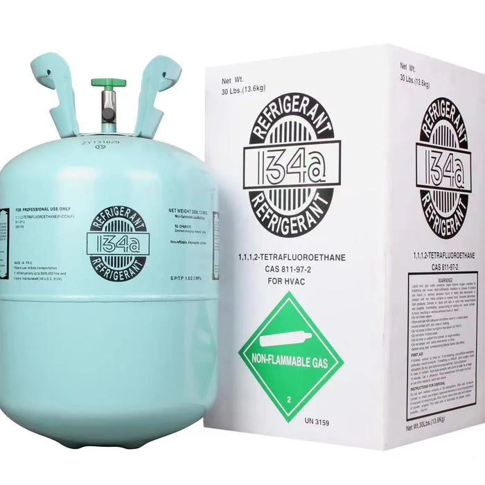 R-134A refrigerant 30 lb cylinder for automotive and HVAC applications — universal fit with 1/2" or 1/4" adapter fittings.