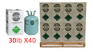 Full pallet of 40 R-134a refrigerant 30 lb cylinders in boxes with non-flammable gas labels, showing product packaging and a cylinder with included gauge adapter.