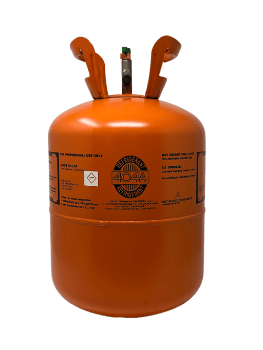 Orange 24 lb R-404A refrigerant tank labeled for professional use, suitable for low and medium temperature commercial refrigeration applications, non-toxic and non-flammable HFC blend, pallet mixing available, reclaimed variant ships to California only.