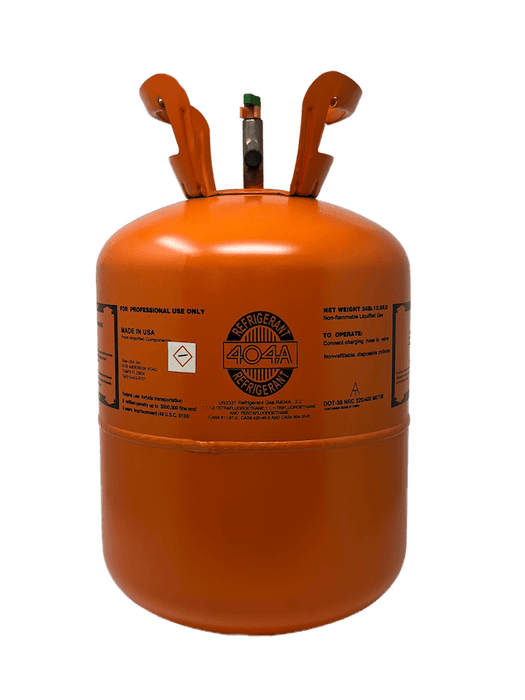 Orange 24 lb R-404A refrigerant tank labeled for professional use, suitable for low and medium temperature commercial refrigeration applications, non-toxic and non-flammable HFC blend, pallet mixing available, reclaimed variant ships to California only.