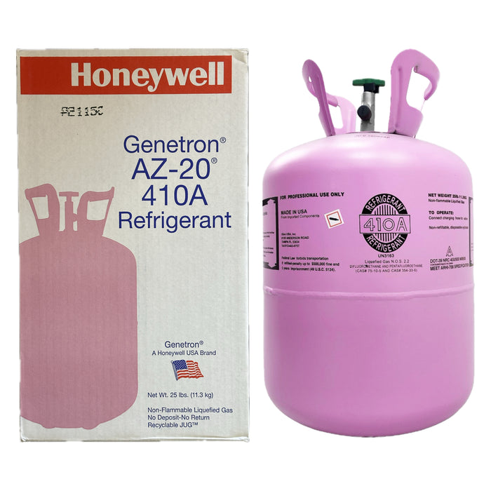 Cylinder of R-410A refrigerant used in residential and commercial AC systems, offering higher cooling capacity and non-flammable A1 classification.