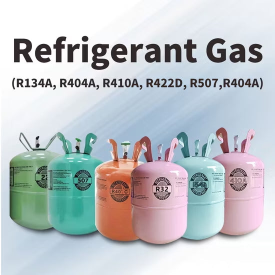 refrigerant gas cylinders including R134A, R404A, R410A, R422D, R507 displayed for HVAC systems