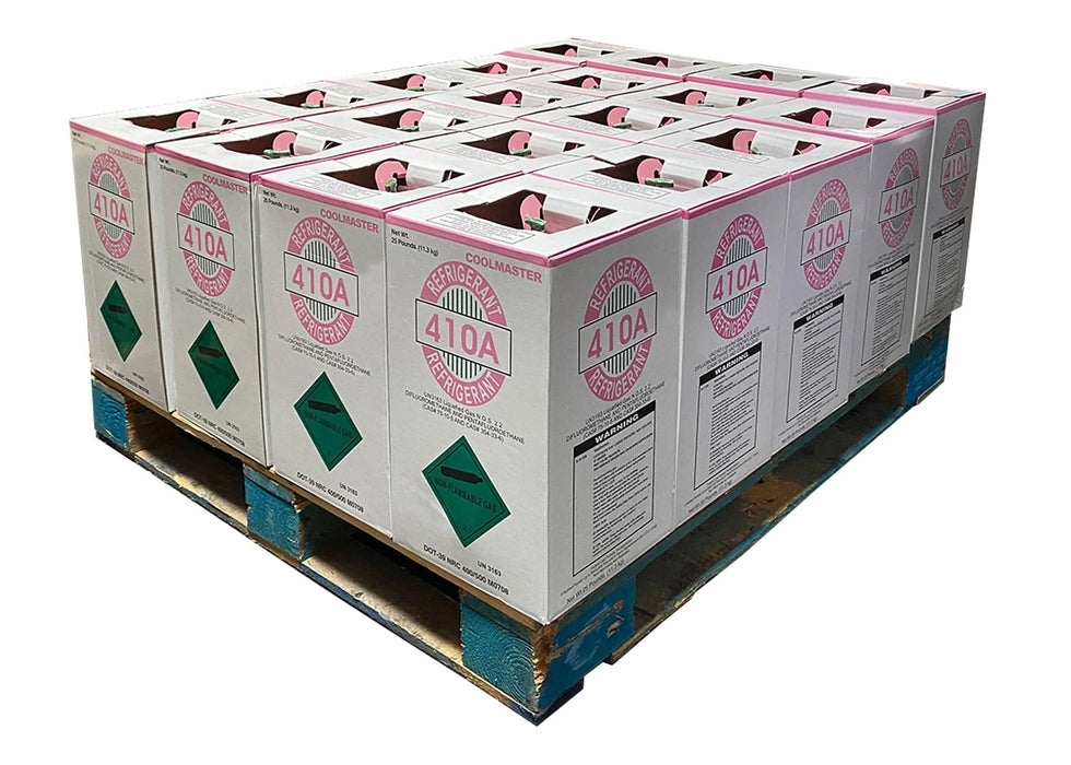 Full pallet of R-410A refrigerant boxes labeled Coolmaster, stacked for wholesale distribution, available for local pickup or free freight shipping from Fort Worth, Texas.