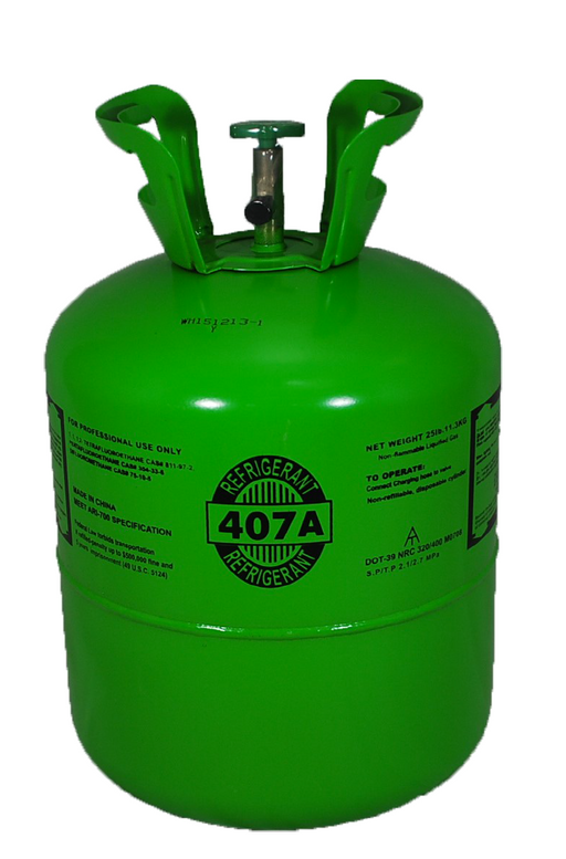 R-407A refrigerant cylinder for commercial refrigeration use, labeled as a non-toxic, non-flammable HFC blend replacement for R-404A and R-507.